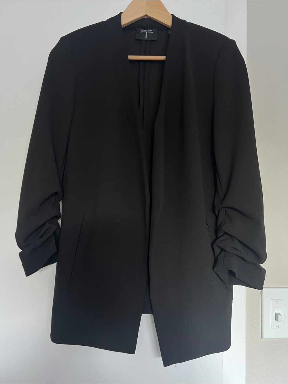 Tahari Black Open Front Blazer XS Ruched Sleeve Career Jacket
